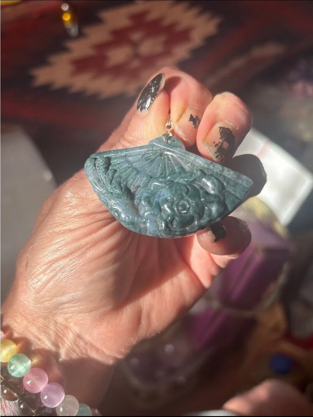 Hand-Carved Moss Agate Fan Pendant